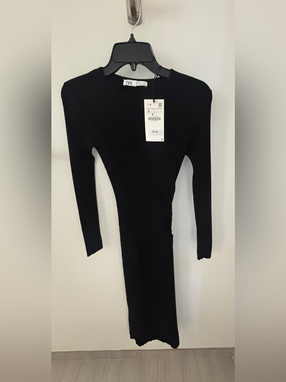 NWT ZARA Black Ribbed Long-Sleeve Midi Dress